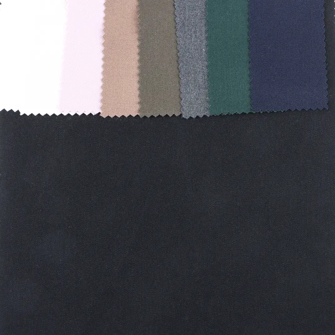 China Fabric for Pants Polyester/Rayon Twill Woven Blended Fabric Polyester Rayon Spandex Black color buy from China wholesaler bulk order at wholesale price free worldwide shipping Alibaba