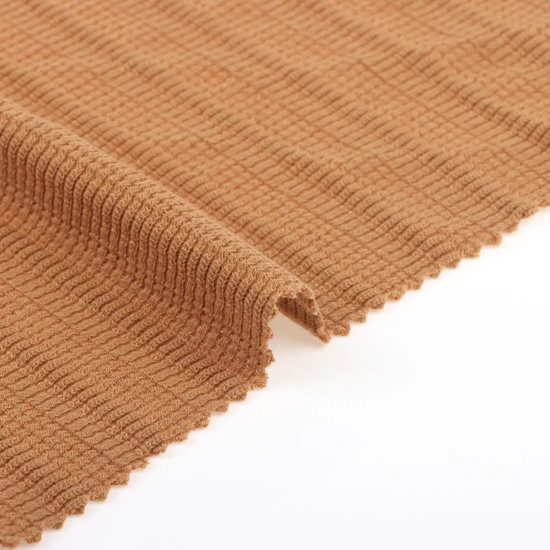 China Fabric for T-Shirt,Shorts Weft Jacquard Knit Fabric Polyester Rayon Spandex Caramel color buy from China wholesaler bulk order at wholesale price free worldwide shipping Alibaba