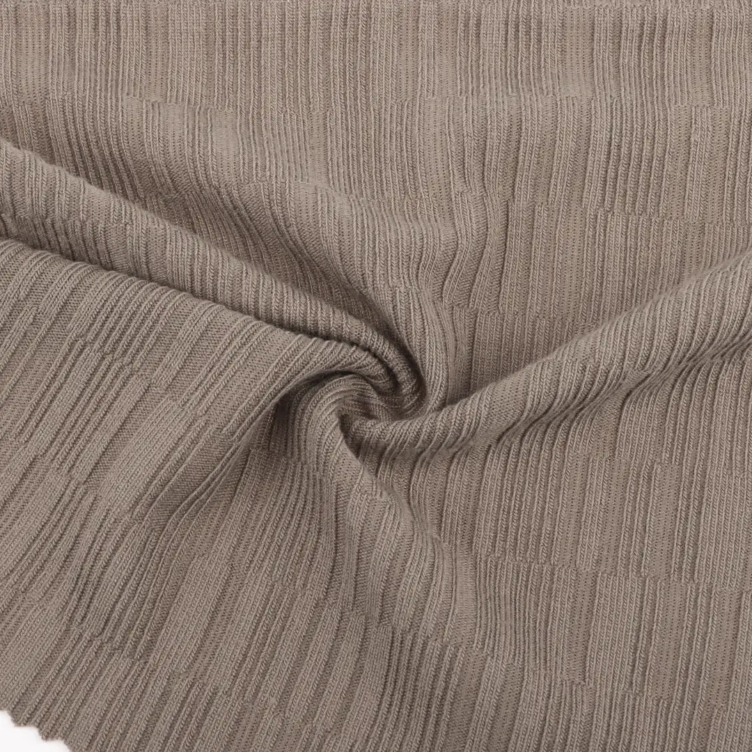 China Fabric for T-Shirt Weft Jacquard Knit Fabric Polyester Rayon Spandex Brown color buy from China wholesaler bulk order at wholesale price free worldwide shipping Alibaba