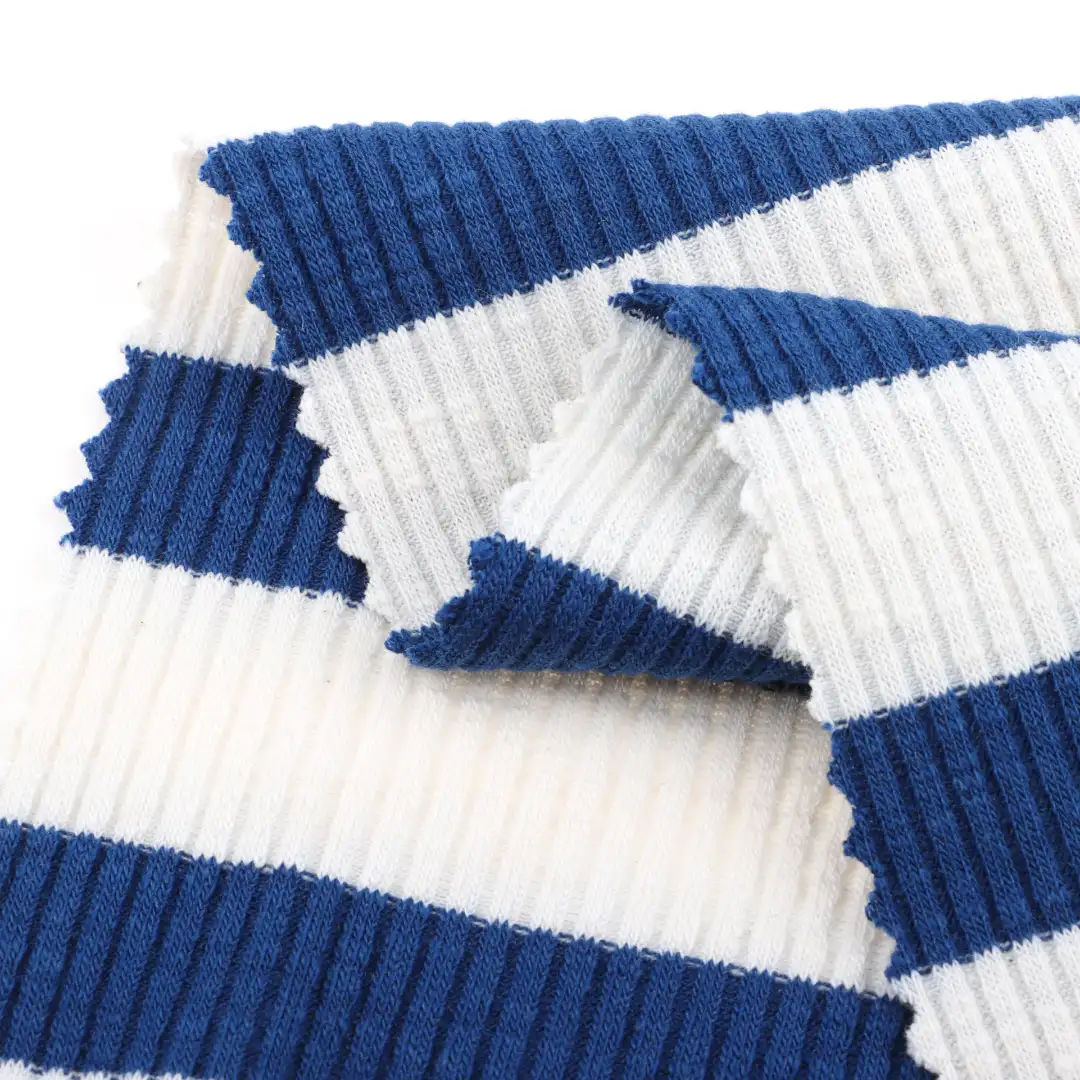 China Fabric for Polo Shirt,Crop Top,Loungewear Rib Knit Fabric Polyester Cotton Spandex Blue and white color buy from China wholesaler bulk order at wholesale price free worldwide shipping Alibaba