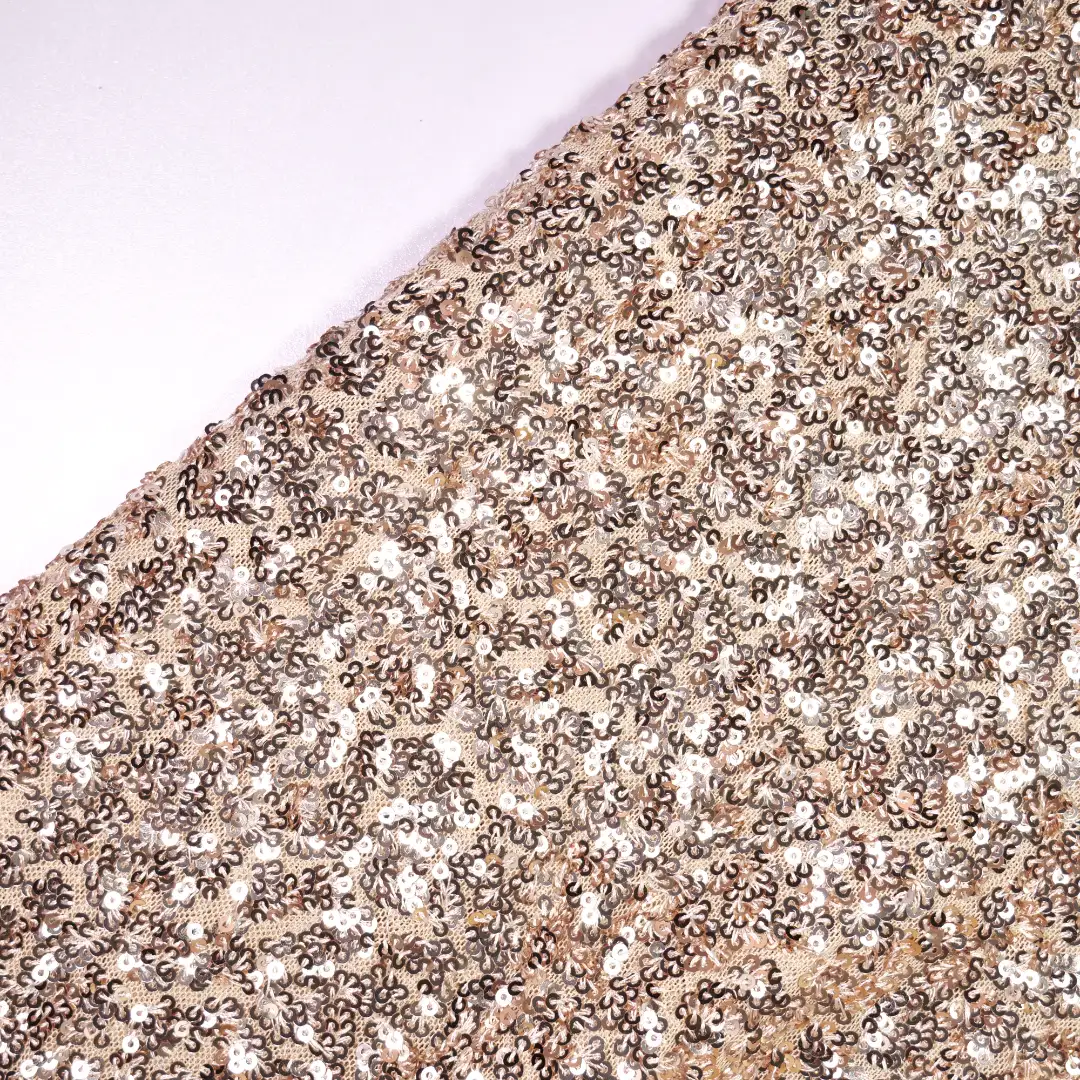 China Fabric for Ladies Vest ,Skirt  Sequined Mesh Fabric Knit Fabric Polyester Spandex Antique White color buy from China wholesaler bulk order at wholesale price free worldwide shipping Alibaba