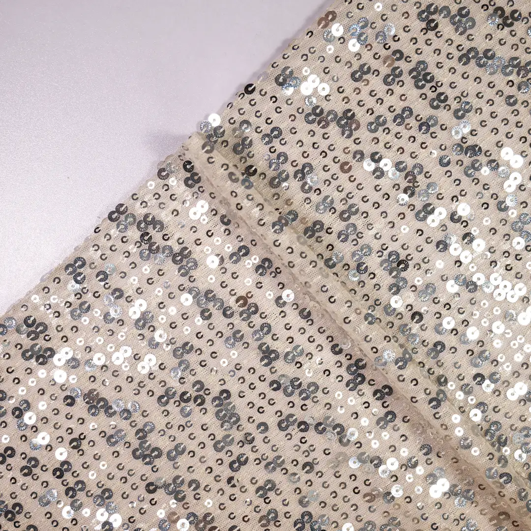 China Fabric for Skirt  Sequined Mesh Fabric Knit Fabric Polyester Antique White color buy from China wholesaler bulk order at wholesale price free worldwide shipping Alibaba