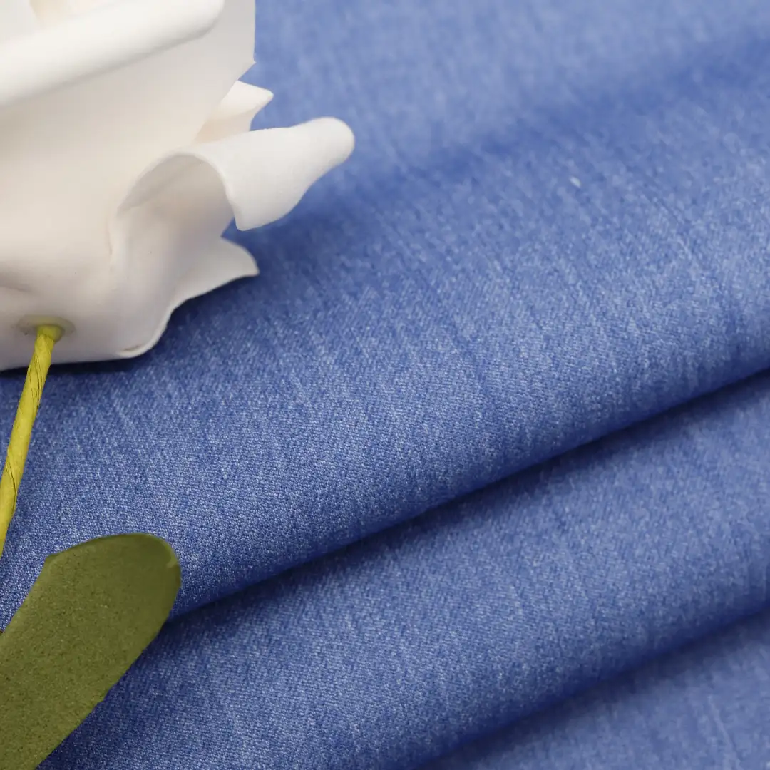 China Fabric for Over Shirt Knit Denim Look Woven Blended Fabric Polyester Rayon Spandex blue color buy from China wholesaler bulk order at wholesale price free worldwide shipping Alibaba