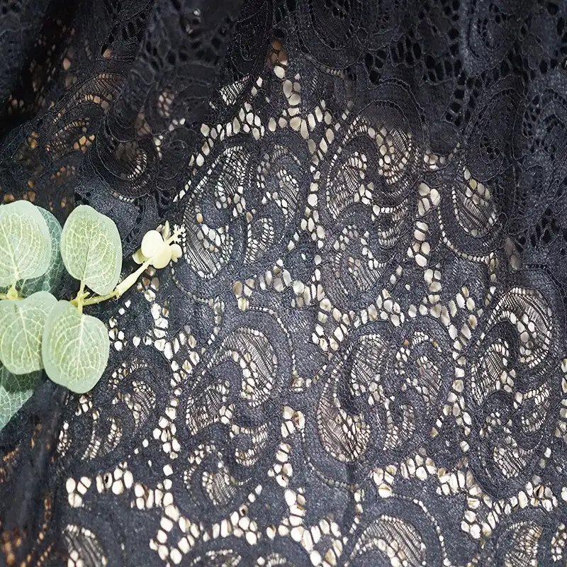 China Fabric for Blouse,Skirt,Shirt Long Sleeve Button ,Dresses (Cardigan Button) ,Skirt  Lace Knit Fabric Nylon Spandex black color buy from China wholesaler bulk order at wholesale price free worldwide shipping Alibaba