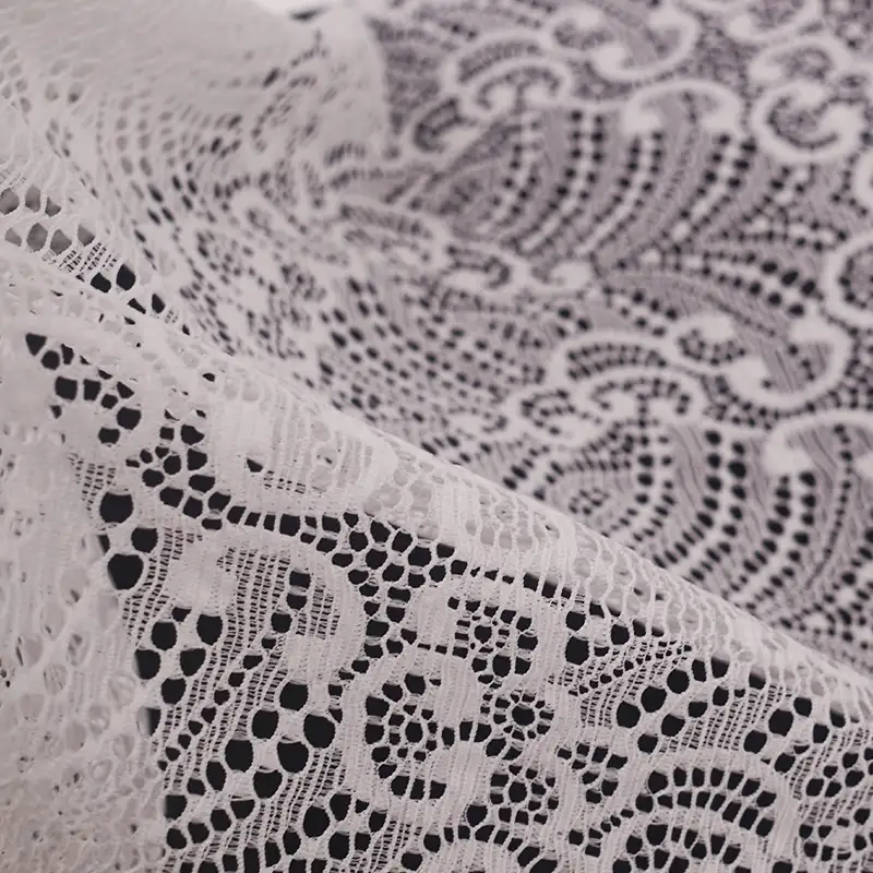 China Fabric for Blouse,Skirt,Shirt Long Sleeve Button ,Dresses (Cardigan Button) ,Skirt  Lace Knit Fabric Nylon Spandex white color buy from China wholesaler bulk order at wholesale price free worldwide shipping Alibaba