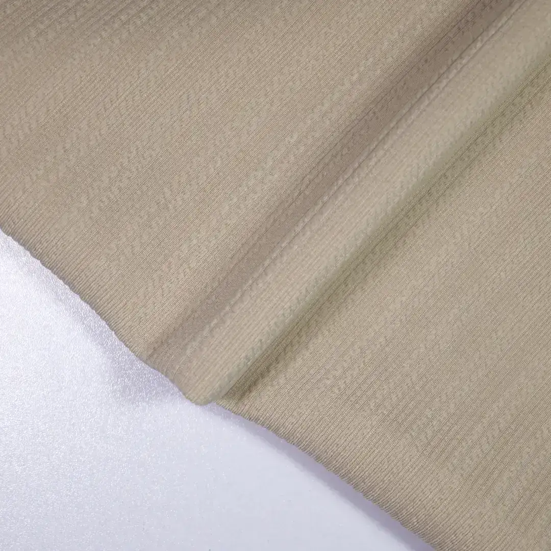 China Fabric for Pants,Ruffle Shirt Dress,Strap Midi Dress,Tier Midi Shirt Dress Jacquard Knit Fabric Polyester Spandex Khaki color buy from China wholesaler bulk order at wholesale price free worldwide shipping Alibaba