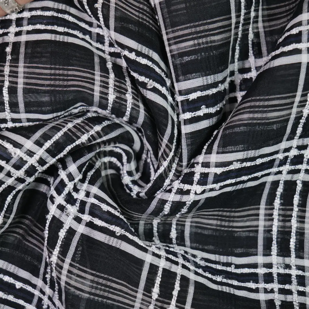 China Fabric for Shirt,Blouse,Crop Top,Skirt,Dresses (Pullover)  Yarn Dyed Check Woven Blended Fabric Silk Polyester Cotton Black color buy from China wholesaler bulk order at wholesale price free worldwide shipping Alibaba