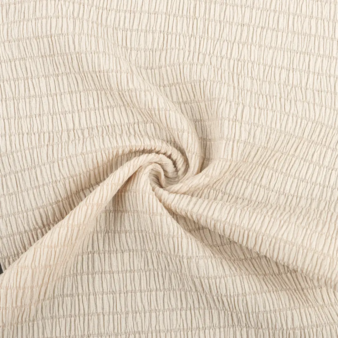China Fabric for Skirt,Ruffled Mini Skirt Jacquard Knit Fabric Polyester Spandex Beige color buy from China wholesaler bulk order at wholesale price free worldwide shipping Alibaba