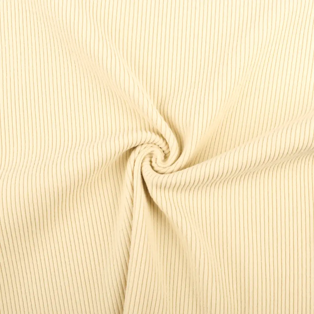 China Fabric for Pants,T-Shirt,Open Cardigan (Sweater),Dresses (Cardigan Button) (Sweater),Skirt (Sweater) Rib Knit Fabric Polyester Spandex Cream color buy from China wholesaler bulk order at wholesale price free worldwide shipping Alibaba