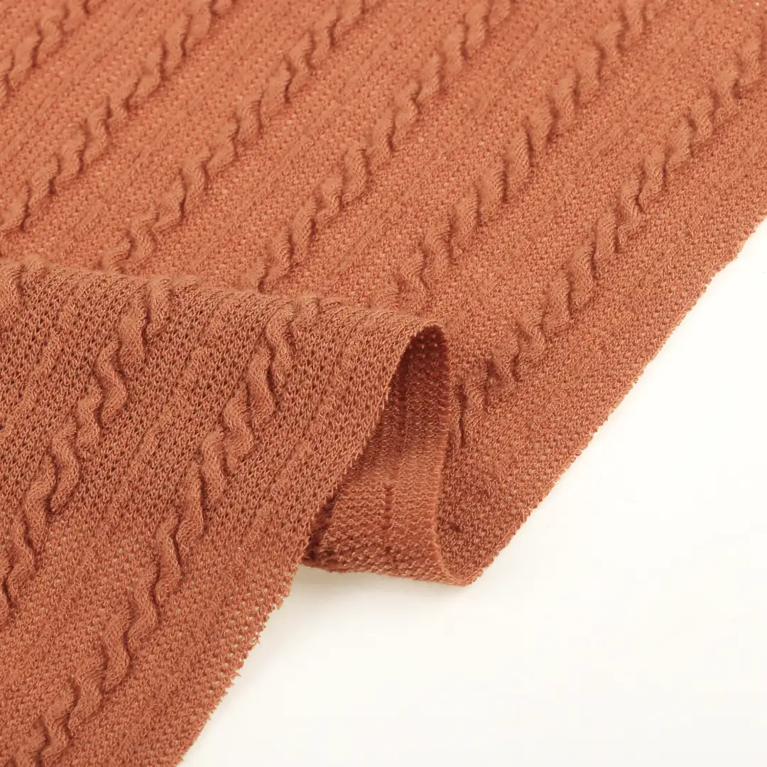 China Fabric for T-Shirt,Open Cardigan (Sweater),Half-Zipper Cardigan (Sweater),Shirt Long Sleeve Button (Sweater),Round Neck Pullover (Sweater) Jacquard Knit Fabric Polyester Rayon Spandex Caramel color buy from China wholesaler bulk order at wholesale price free worldwide shipping Alibaba