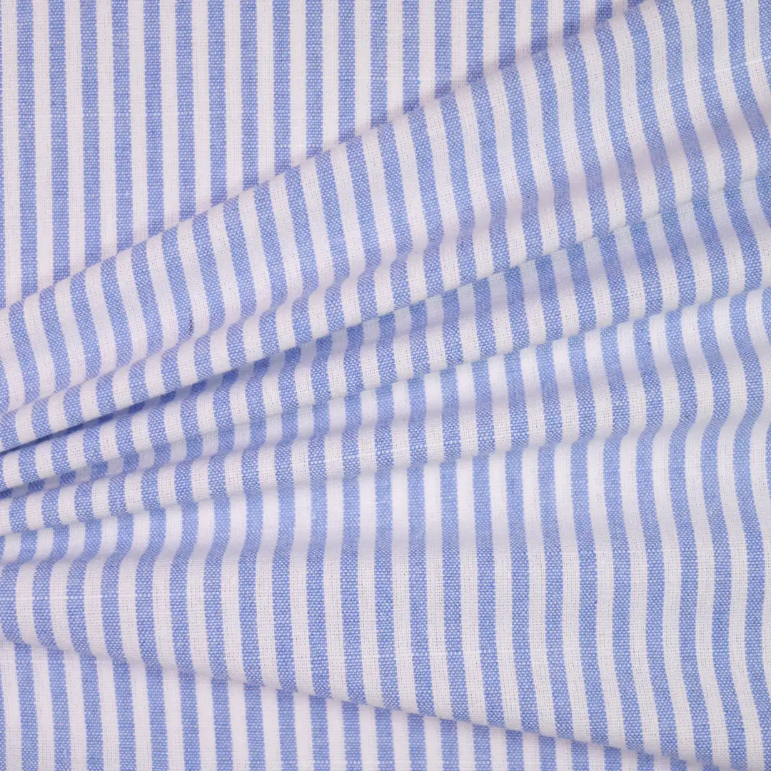 China Fabric for Shirt,Blouse,Crop Top,Skirt Yarn Dyed Stripe Woven Blended Fabric Cotton Polyester Rayon Blue color buy from China wholesaler bulk order at wholesale price free worldwide shipping Alibaba