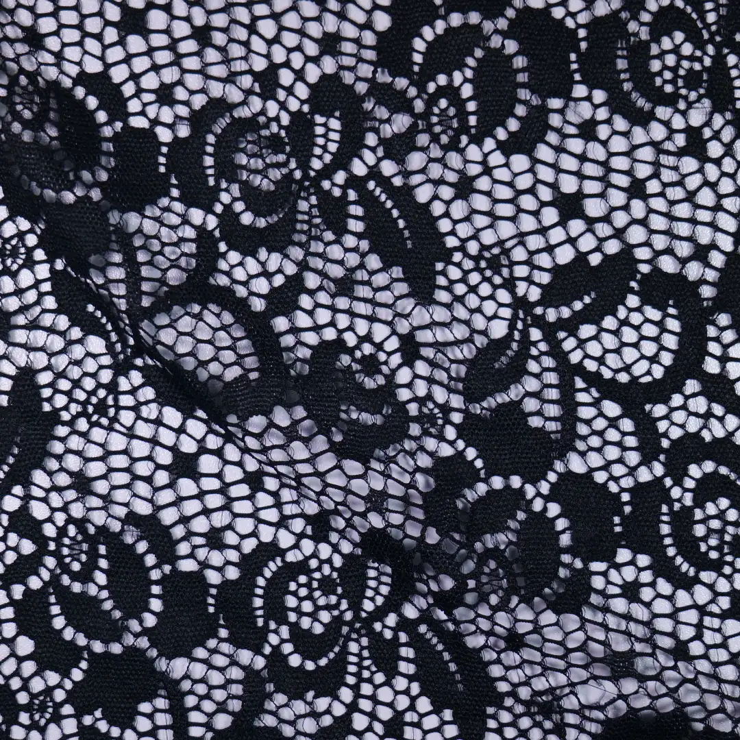 China Fabric for Skirt,Kids Lace Trim Dress,Lace-Up V-Neck Crop Top,Ladies Pleated Lace Shorts Lace Knit Fabric Nylon Spandex black color buy from China wholesaler bulk order at wholesale price free worldwide shipping Alibaba