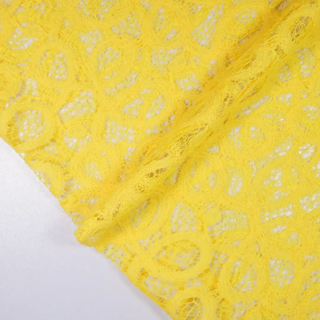 China Fabric for Gathered Strappy Mini Dress,Backless Beach Dress,Strap Midi Dress Lace Knit Fabric Nylon Spandex yellow color buy from China wholesaler bulk order at wholesale price free worldwide shipping Alibaba