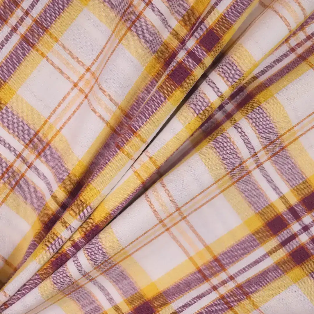 China Fabric for Shirt,Skirt,Sleeveless Waist Shirt,Button Half-Placket Long Sleeve Shirt Yarn Dyed Check Natural Woven Fabric Cotton yellow-white-dark red color buy from China wholesaler bulk order at wholesale price free worldwide shipping Alibaba