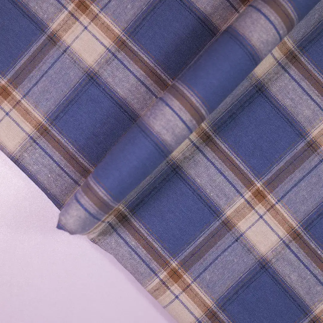 China Fabric for Shirt,Big Pockets Shirt Dress,Stand Collar Double-Breasted Shirt Yarn Dyed Check Woven Blended Fabric Cotton Rayon blue color buy from China wholesaler bulk order at wholesale price free worldwide shipping Alibaba