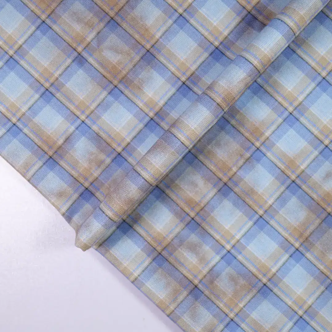 China Fabric for Shirt,Big Pockets Shirt Dress,Stand Collar Double-Breasted Shirt Yarn Dyed Check Woven Blended Fabric Cotton Rayon blue coffee color buy from China wholesaler bulk order at wholesale price free worldwide shipping Alibaba