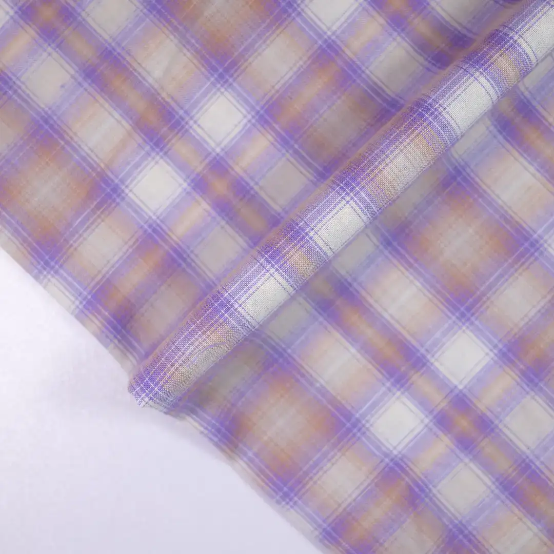 China Fabric for Shirt,Stand Collar Double-Breasted Shirt,V-Neck Short Sleeve Shirt V Yarn Dyed Check Natural Woven Fabric Cotton purple color buy from China wholesaler bulk order at wholesale price free worldwide shipping Alibaba