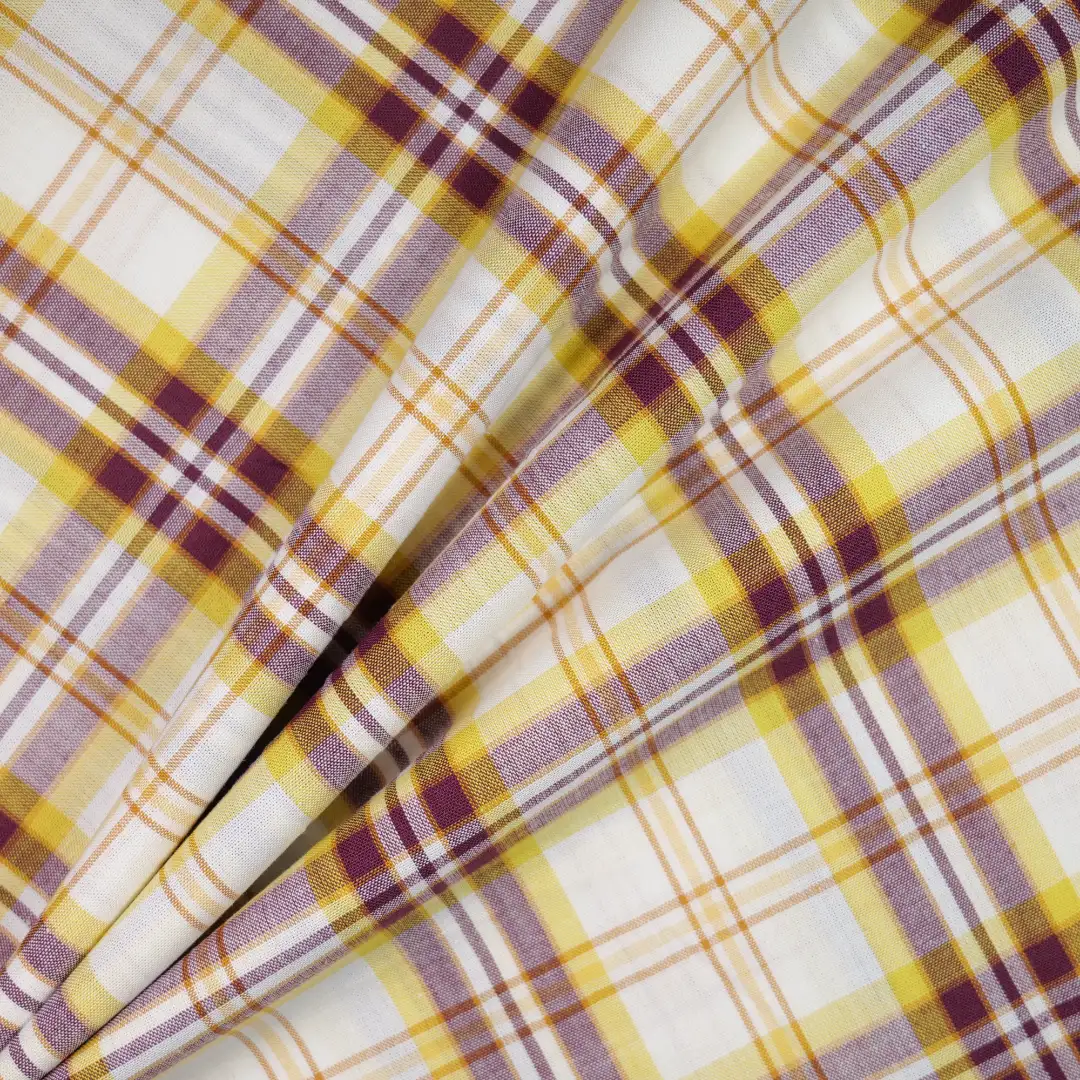 China Fabric for Shirt,Casual Long Sleeve Crop Shirt,Cropped V-Neck Shirt Yarn Dyed Check Natural Woven Fabric Cotton yellow white purple color buy from China wholesaler bulk order at wholesale price free worldwide shipping Alibaba