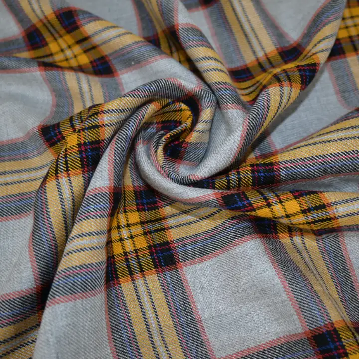 India Fabric for Shirt Viscose/Rayon Crepe Natural Woven Fabric Viscose Grey Yellow Check color buy from India wholesaler bulk order at wholesale price free worldwide shipping Alibaba