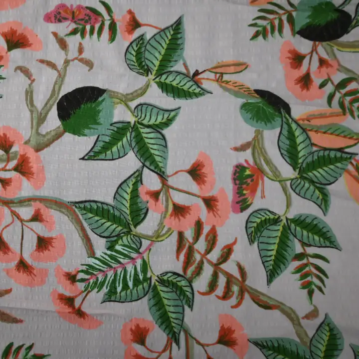 India Fabric for Shirt Polyester Seersucker Synthetic Woven Fabric Polyester Peach Print color buy from India wholesaler bulk order at wholesale price free worldwide shipping Alibaba