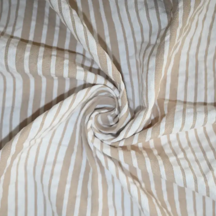 India Fabric for Shirt,Crop Top Cotton Seersucker Natural Woven Fabric Cotton Brown White Stripe color buy from India wholesaler bulk order at wholesale price free worldwide shipping Alibaba