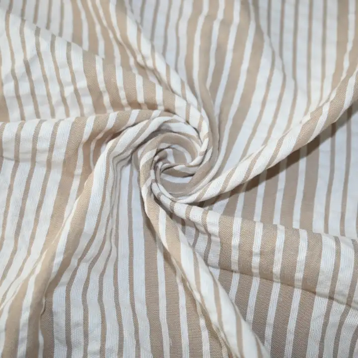 India Fabric for Shirt,Crop Top Cotton Seersucker Natural Woven Fabric Cotton Brown White Stripe color buy from India wholesaler bulk order at wholesale price free worldwide shipping Alibaba