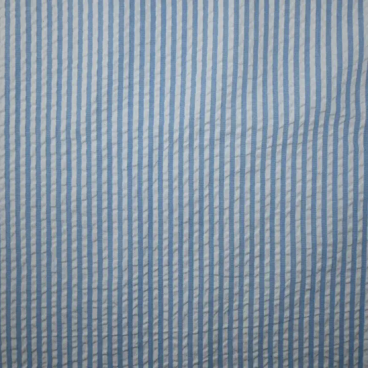 India Fabric for Shirt Cotton Seersucker Natural Woven Fabric Cotton Blue White Stripe color buy from India wholesaler bulk order at wholesale price free worldwide shipping Alibaba