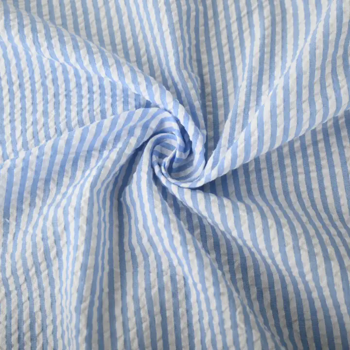 India Fabric for Shirt Cotton Seersucker Natural Woven Fabric Cotton Blue White Stripe color buy from India wholesaler bulk order at wholesale price free worldwide shipping Alibaba