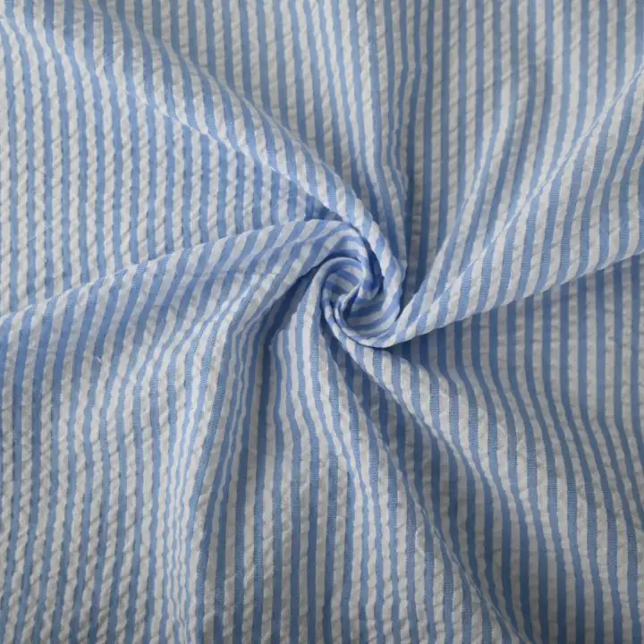 India Fabric for Shirt Cotton Seersucker Natural Woven Fabric Cotton Blue White Stripe color buy from India wholesaler bulk order at wholesale price free worldwide shipping Alibaba