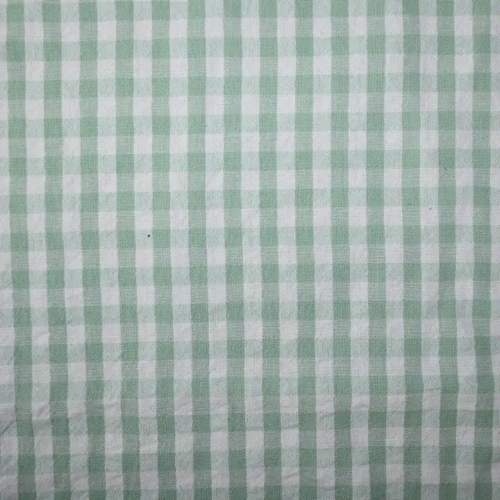 India Fabric for Shirt Cotton Seersucker Natural Woven Fabric Cotton Green/White Check color buy from India wholesaler bulk order at wholesale price free worldwide shipping Alibaba