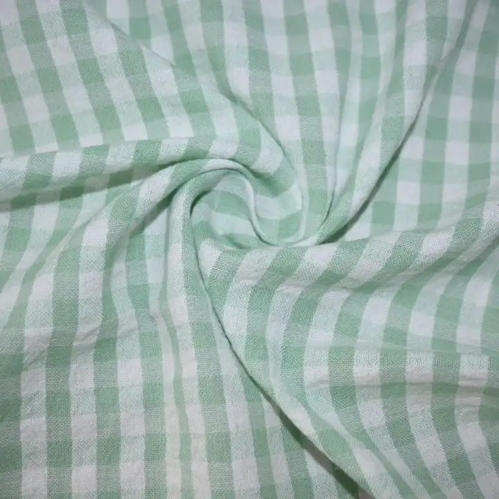 India Fabric for Shirt Cotton Seersucker Natural Woven Fabric Cotton Green/White Check color buy from India wholesaler bulk order at wholesale price free worldwide shipping Alibaba