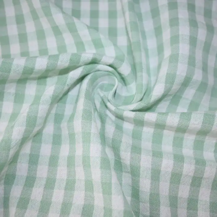 India Fabric for Shirt Cotton Seersucker Natural Woven Fabric Cotton Green/White Check color buy from India wholesaler bulk order at wholesale price free worldwide shipping Alibaba