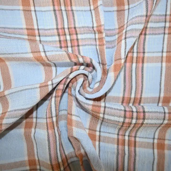 India Fabric for Shirt Viscose/Rayon Crepe Natural Woven Fabric Viscose Brown Blue Check color buy from India wholesaler bulk order at wholesale price free worldwide shipping Alibaba