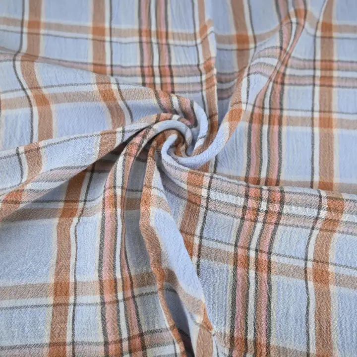 India Fabric for Shirt Viscose/Rayon Crepe Natural Woven Fabric Viscose Brown Blue Check color buy from India wholesaler bulk order at wholesale price free worldwide shipping Alibaba