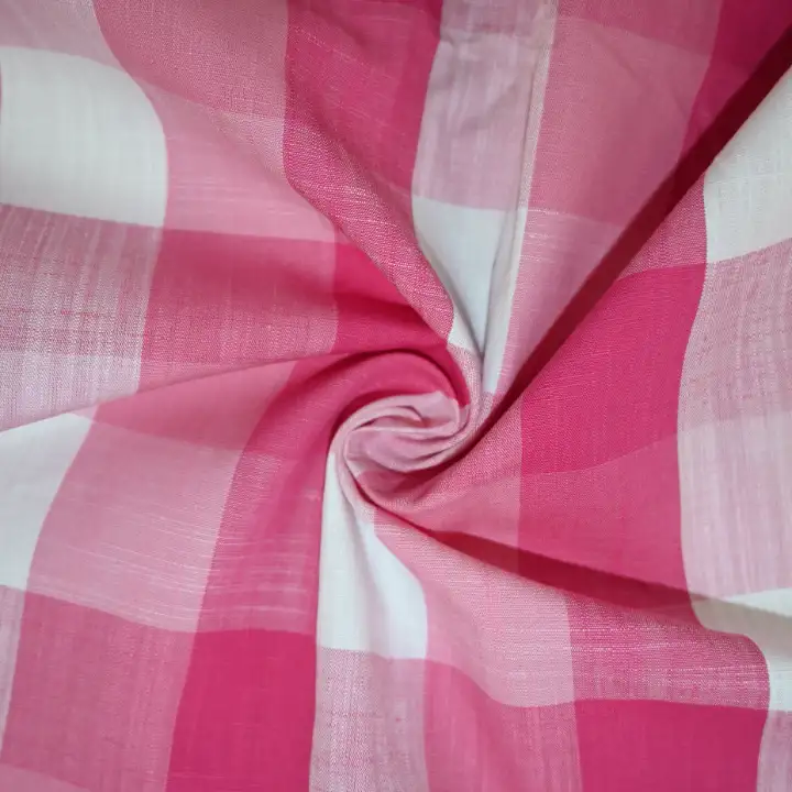 India Fabric for Dresses (Cardigan Open) (Sweater) Cotton Slub Natural Woven Fabric Cotton Pink Check color buy from India wholesaler bulk order at wholesale price free worldwide shipping Alibaba