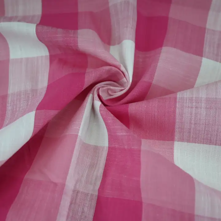 India Fabric for Dresses (Cardigan Open) (Sweater) Cotton Slub Natural Woven Fabric Cotton Pink Check color buy from India wholesaler bulk order at wholesale price free worldwide shipping Alibaba