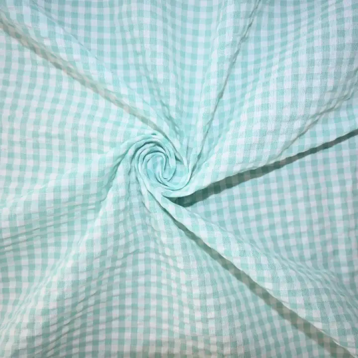 India Fabric for Shirt Cotton Seersucker Natural Woven Fabric Cotton See Green/White Check color buy from India wholesaler bulk order at wholesale price free worldwide shipping Alibaba