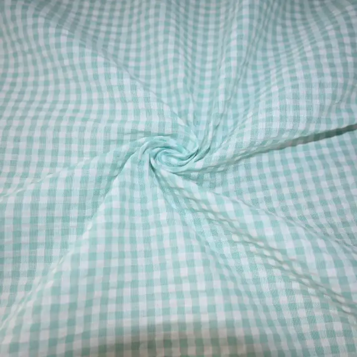 India Fabric for Shirt Cotton Seersucker Natural Woven Fabric Cotton See Green/White Check color buy from India wholesaler bulk order at wholesale price free worldwide shipping Alibaba