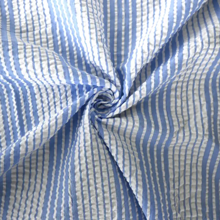 India Fabric for Pajamas Cotton Seersucker Natural Woven Fabric Cotton Blue/White Stripe color buy from India wholesaler bulk order at wholesale price free worldwide shipping Alibaba