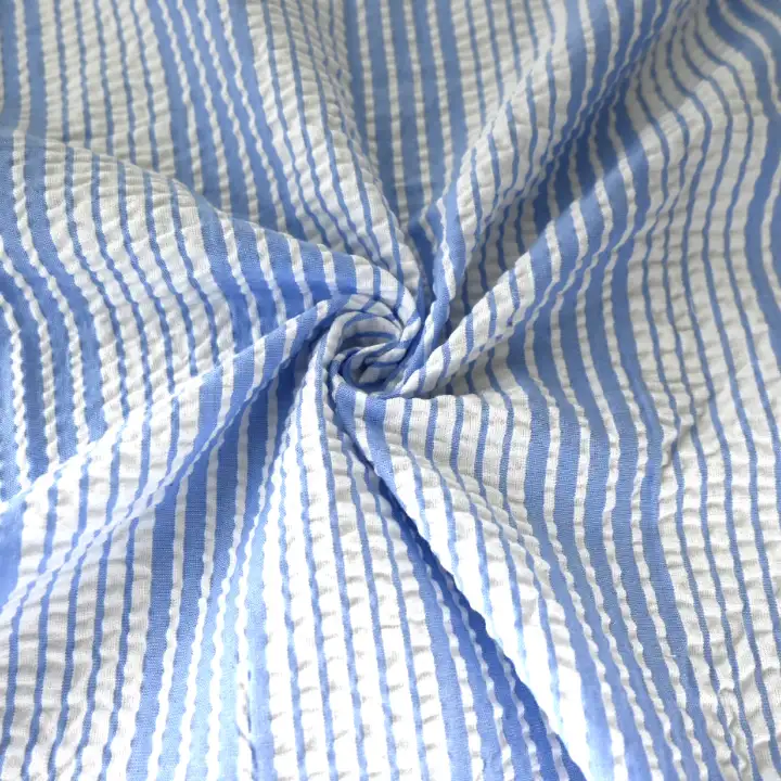 India Fabric for Pajamas Cotton Seersucker Natural Woven Fabric Cotton Blue/White Stripe color buy from India wholesaler bulk order at wholesale price free worldwide shipping Alibaba