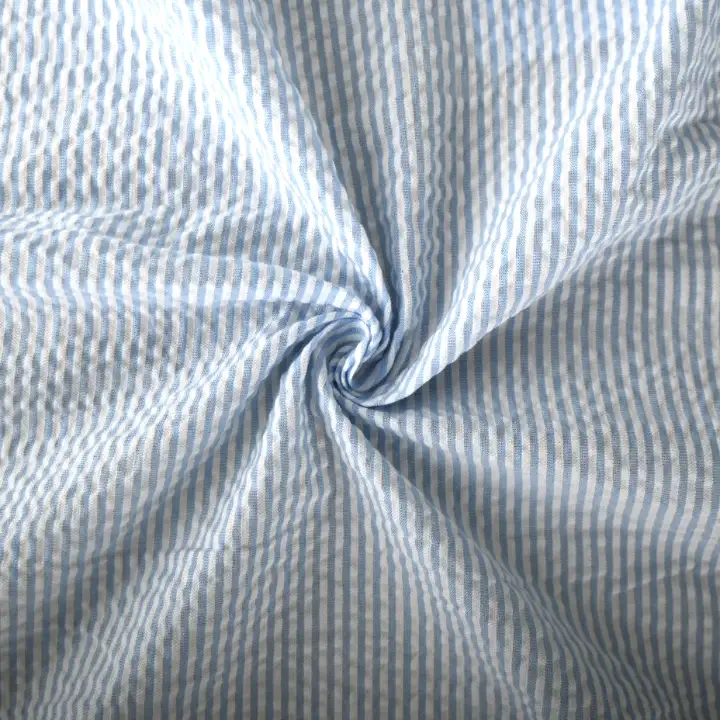 India Fabric for Pajamas Cotton Seersucker Natural Woven Fabric Cotton Blue/White Stripe color buy from India wholesaler bulk order at wholesale price free worldwide shipping Alibaba