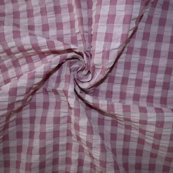 India Fabric for Shirt Cotton Seersucker Natural Woven Fabric Cotton Light Pink Check color buy from India wholesaler bulk order at wholesale price free worldwide shipping Alibaba