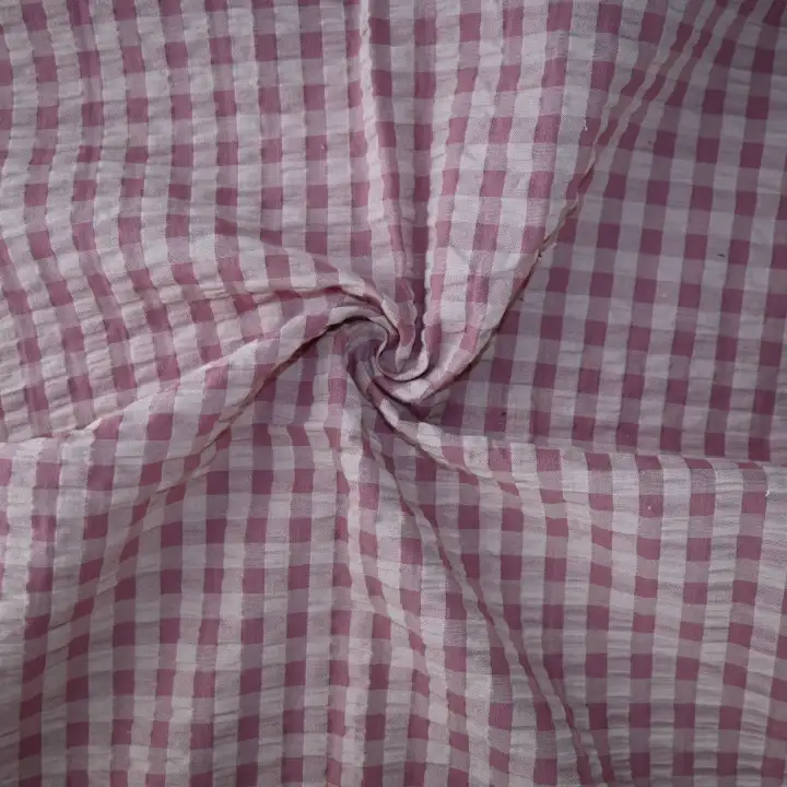 India Fabric for Shirt Cotton Seersucker Natural Woven Fabric Cotton Light Pink Check color buy from India wholesaler bulk order at wholesale price free worldwide shipping Alibaba