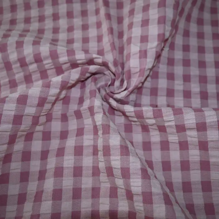 India Fabric for Shirt Cotton Seersucker Natural Woven Fabric Cotton Light Pink Check color buy from India wholesaler bulk order at wholesale price free worldwide shipping Alibaba