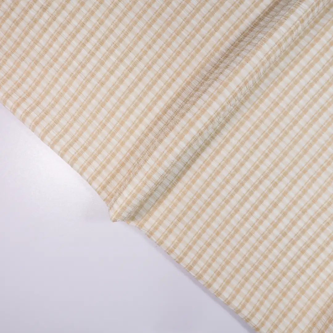 China Fabric for Shirt,Crop Top,Girls Flared-Sleeve Maxi Dress Yarn-dyed fabric Knit Fabric Polyester Spandex khaki color buy from China wholesaler bulk order at wholesale price free worldwide shipping Alibaba