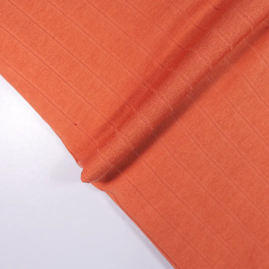 China Fabric for Loungewear,Casual Long Sleeve Crop Shirt,Irregular Cami,Kids Peter Pan Collar Dress Rib Knit Fabric Polyester Recycled Spandex orange color buy from China wholesaler bulk order at wholesale price free worldwide shipping Alibaba