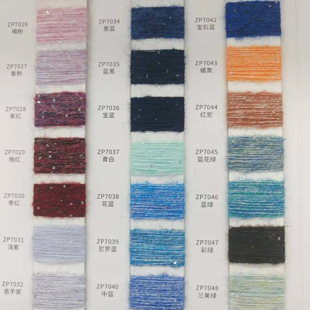 China Yarn for Round Neck Pullover (Sweater),Hoodie  (Sweater),Dresses (Pullover) (Sweater),Skirt (Sweater),Roll Neck Jumper (Sweater) Mossy Yarn Fancy Yarn Wool Nylon Polyester Sequin Spandex blue, purple, sparkling color buy from China wholesaler bulk order at wholesale price free worldwide shipping Alibaba