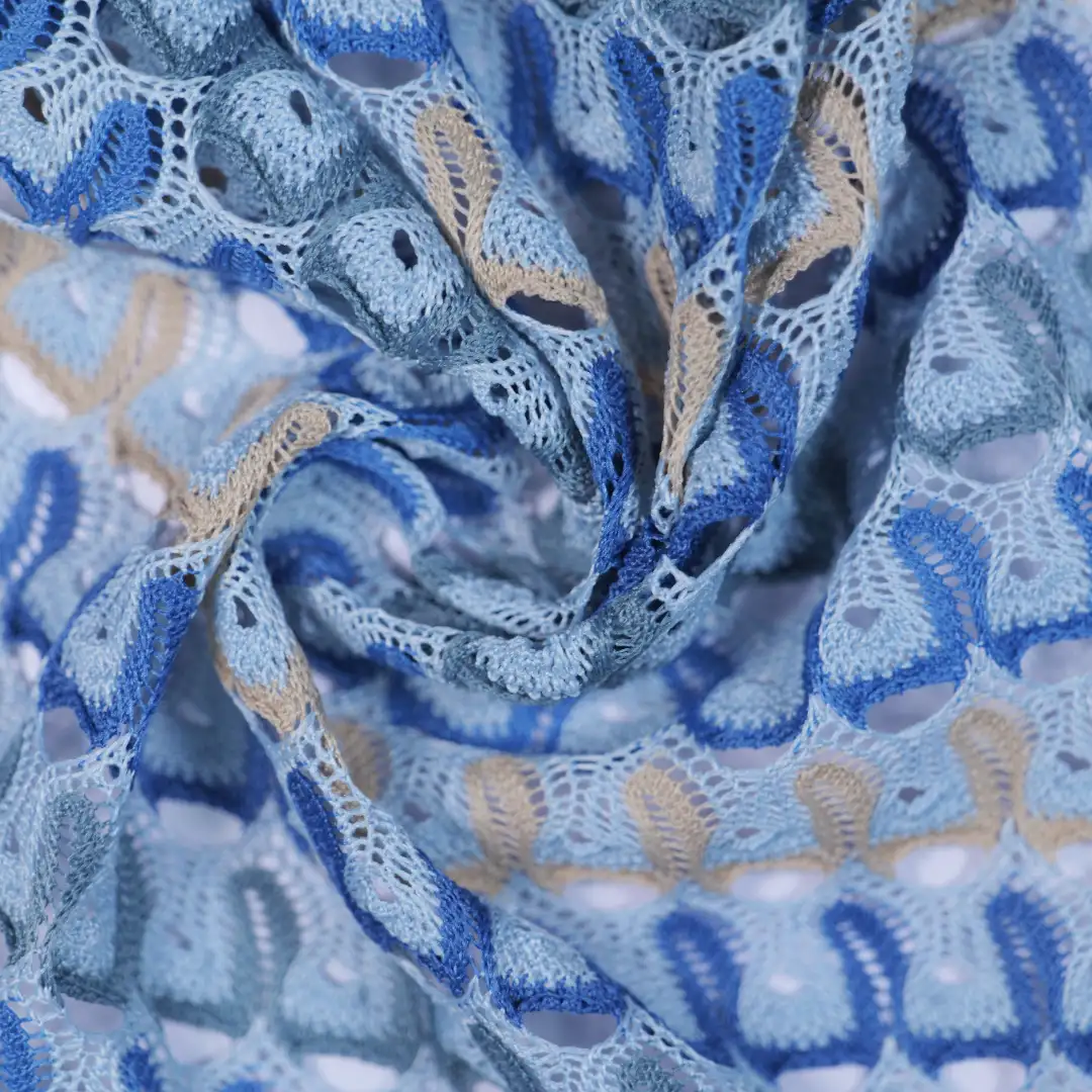 China Fabric for T-Shirt Lace Knit Fabric Polyester blue color buy from China wholesaler bulk order at wholesale price free worldwide shipping Alibaba