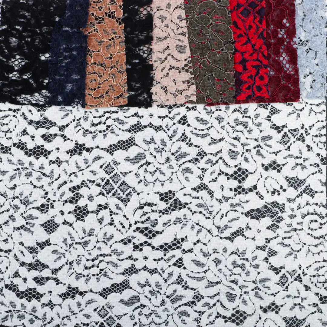 China Fabric for Tank Top,Crop Top,Lingerie,Skirt Lace Knit Fabric Polyester Nylon white、black、date red、red and royalblue、royalblue、army green、navy、dusty pink、apricot color buy from China wholesaler bulk order at wholesale price free worldwide shipping Alibaba