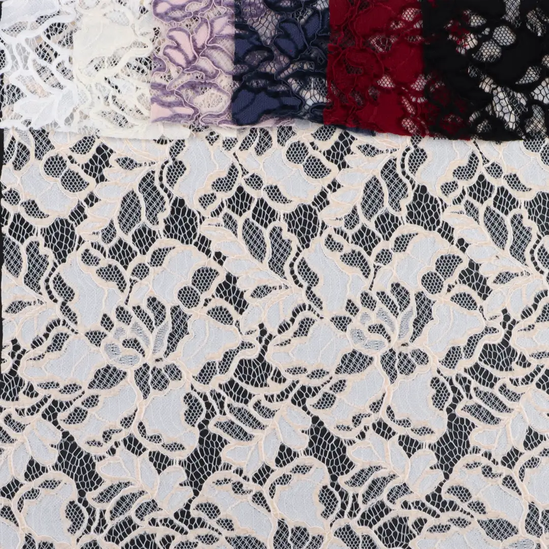 China Fabric for Tank Top,Crop Top,Lingerie,Skirt Lace Knit Fabric Nylon Polyester white、black、orange and Light peach、purple、navy、date red、Light peach color buy from China wholesaler bulk order at wholesale price free worldwide shipping Alibaba